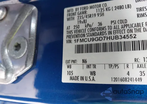 2017 Ford Escape Se из США, поврежденный, VIN 1FMCU9GD7HUB34552